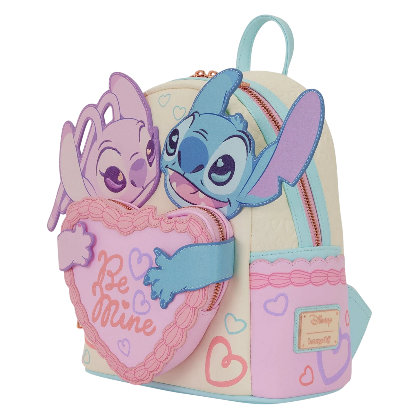 Cards & Comics Connection Disney Stitch and Angel mini backpack with heart-shaped cake pocket and debossed heart details