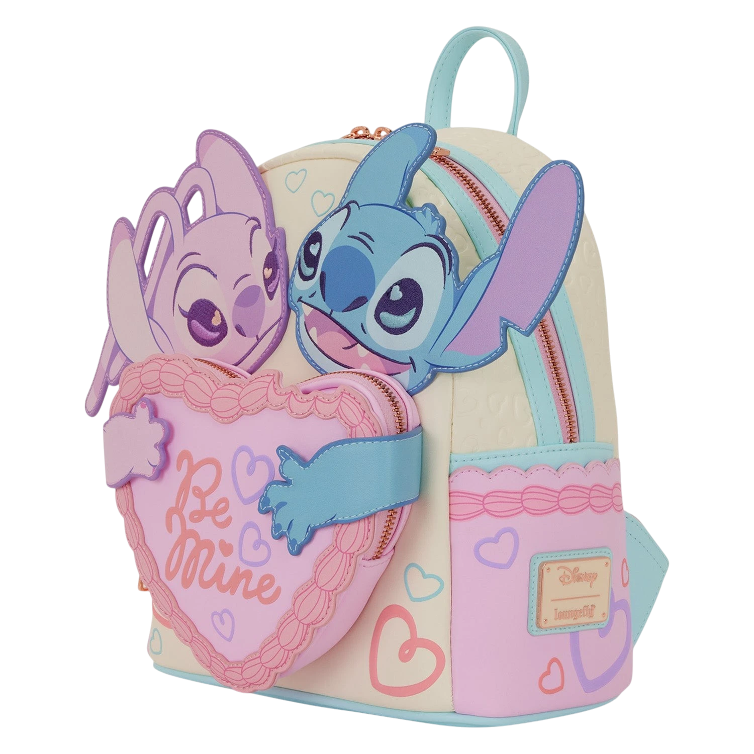 Cards & Comics Connection Disney Stitch and Angel mini backpack with heart-shaped cake pocket and debossed heart details
