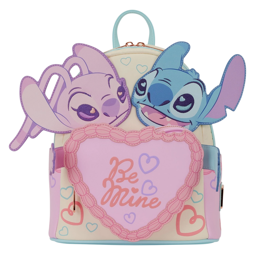 Cards & Comics Connection Disney Stitch and Angel mini backpack featuring a heart-shaped cake pocket and puff hearts.