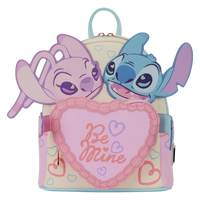 Cards & Comics Connection Disney Stitch and Angel mini backpack featuring a heart-shaped cake pocket and puff hearts.