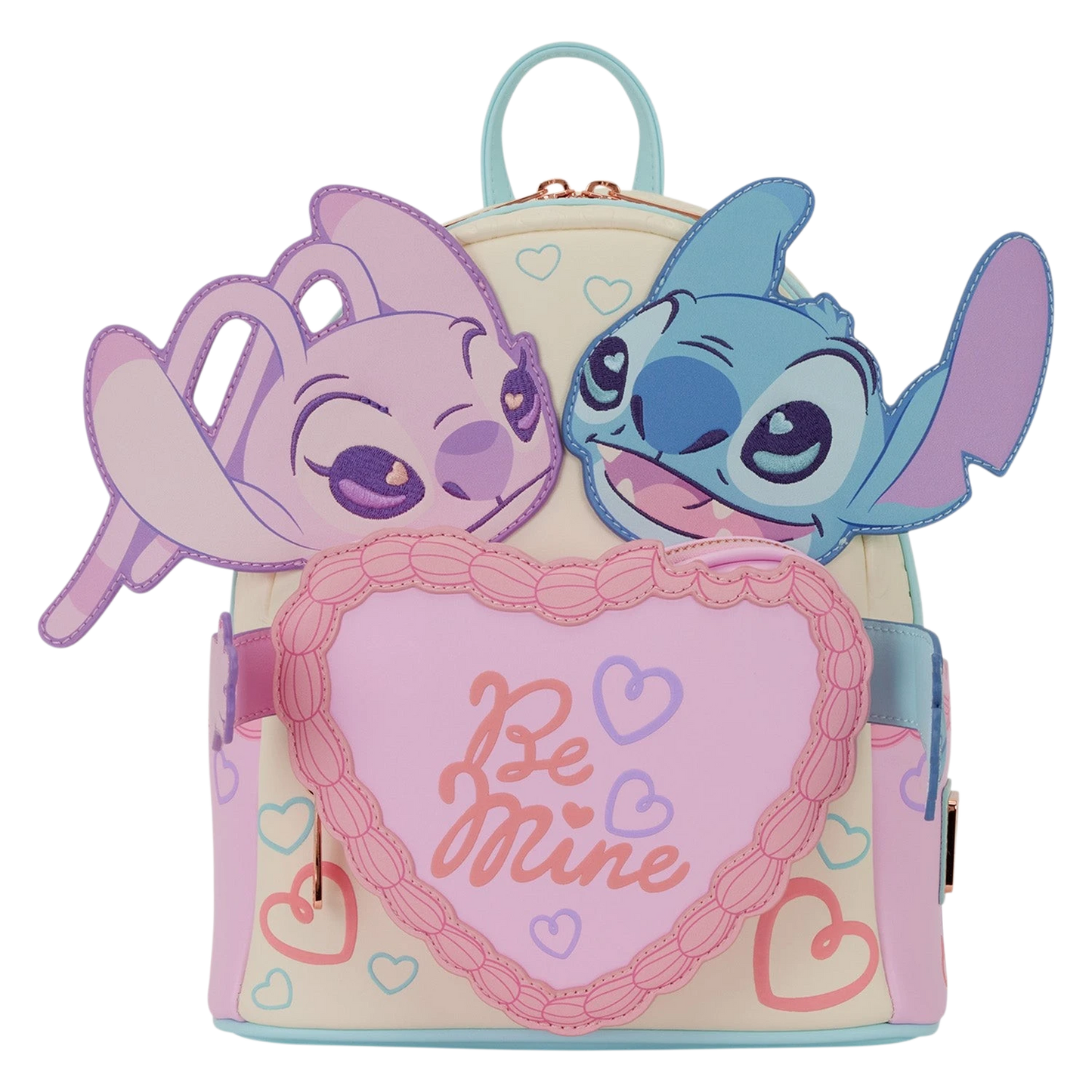 Cards & Comics Connection Disney Stitch and Angel mini backpack featuring a heart-shaped cake pocket and puff hearts.