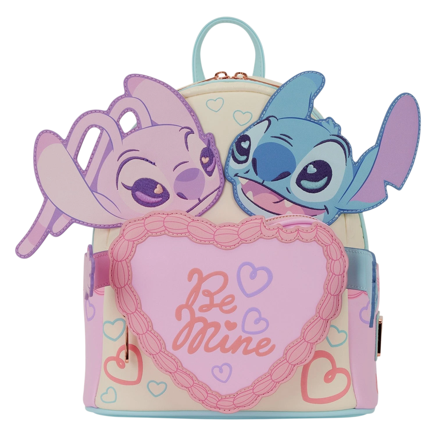 Cards & Comics Connection Disney Stitch and Angel mini backpack featuring a heart-shaped cake pocket and puff hearts.