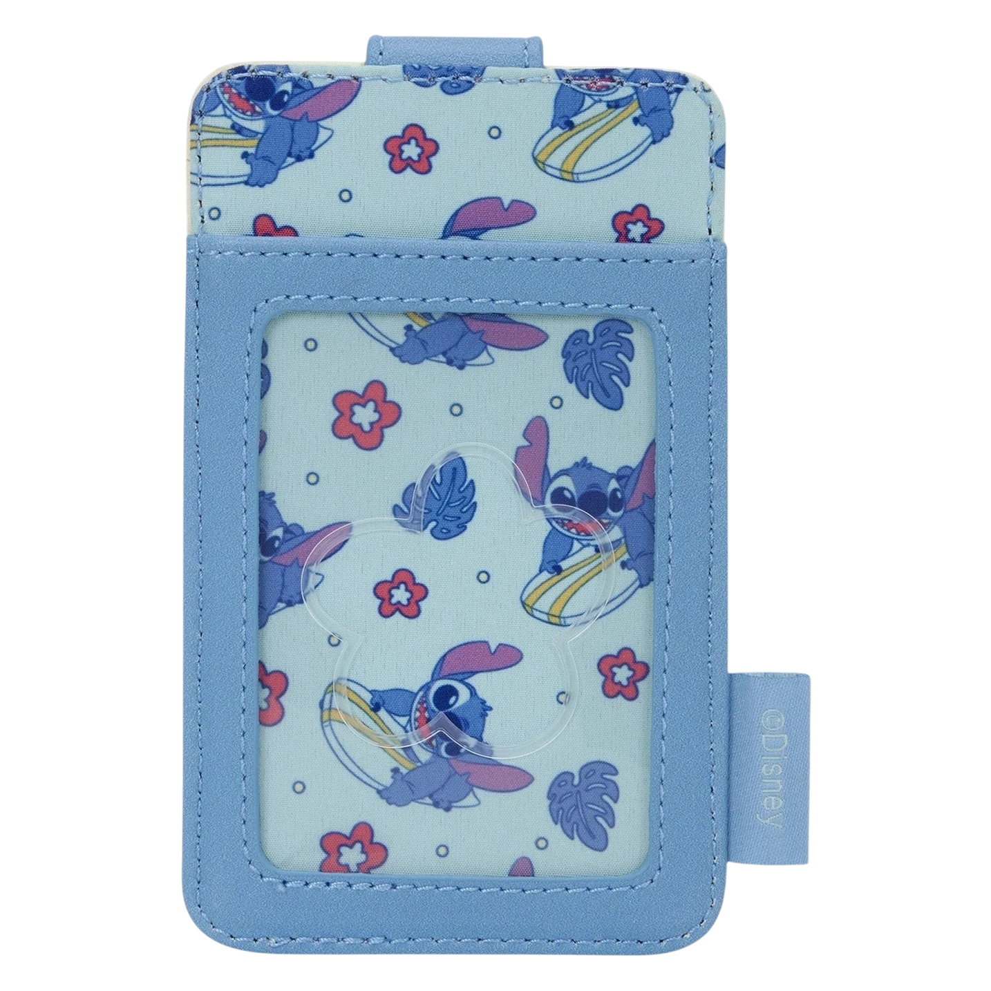 Cards & Comics Connection Disney Stitch surfing card holder with clear ID slot and blue floral pattern