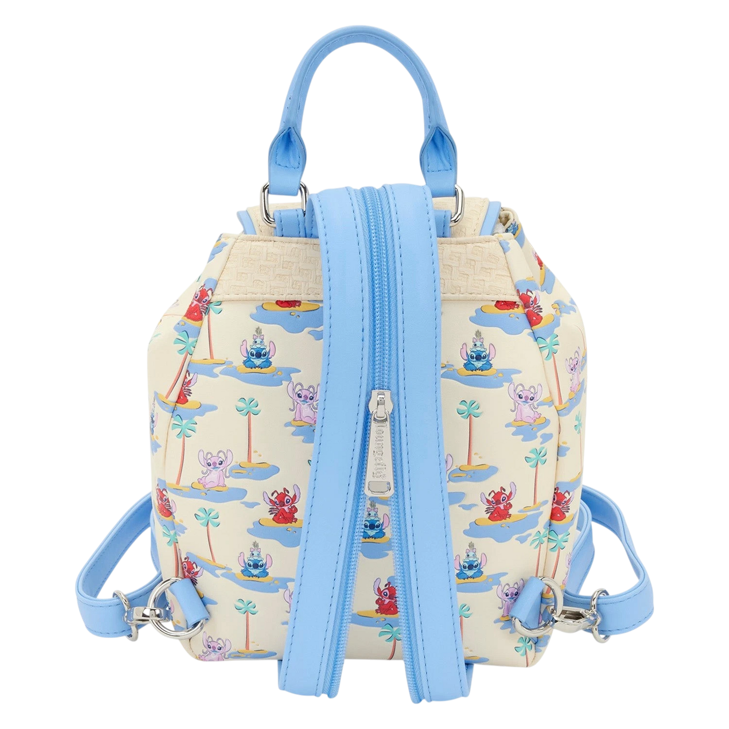 Back view of Cards & Comics Connection Disney Stitch micro mini backpack with light blue straps and tropical print.