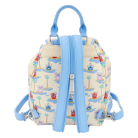 Back view of Cards & Comics Connection Disney Stitch micro mini backpack with light blue straps and tropical print.