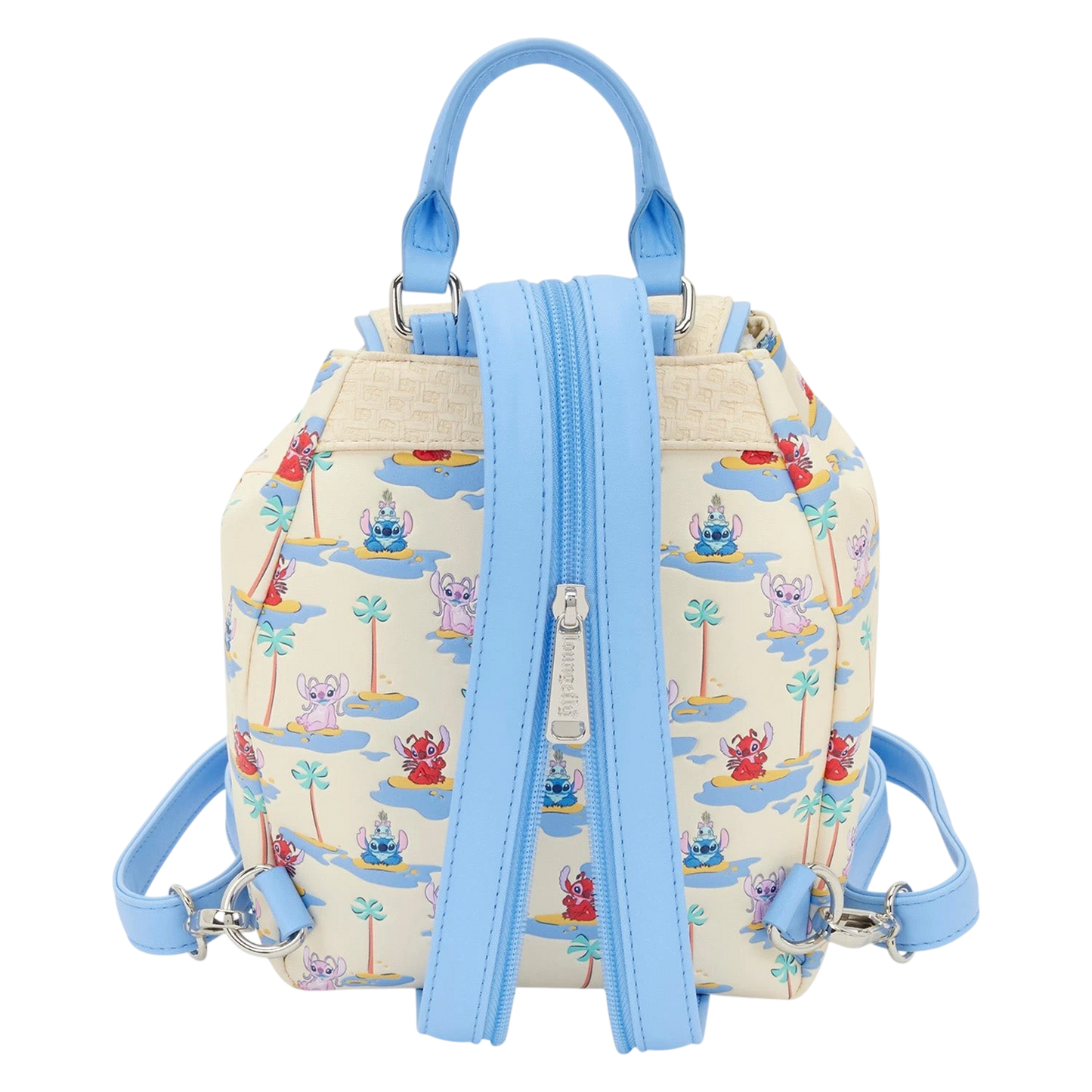 Back view of Cards & Comics Connection Disney Stitch micro mini backpack with light blue straps and tropical print.
