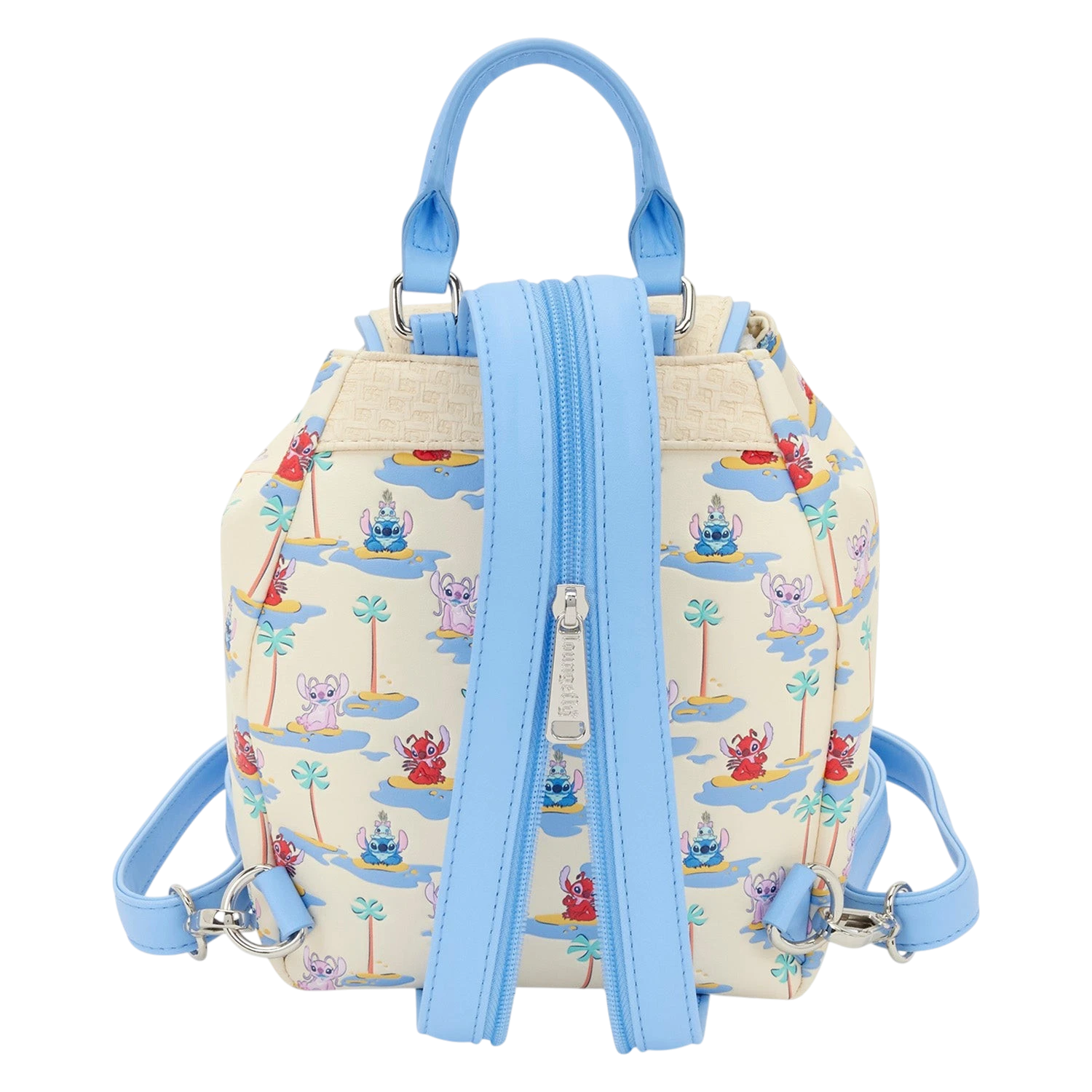 Back view of Cards & Comics Connection Disney Stitch micro mini backpack with light blue straps and tropical print.