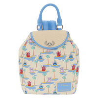 Cards & Comics Connection Disney Stitch micro mini backpack with basket weave texture, turn lock, and palm tree print.