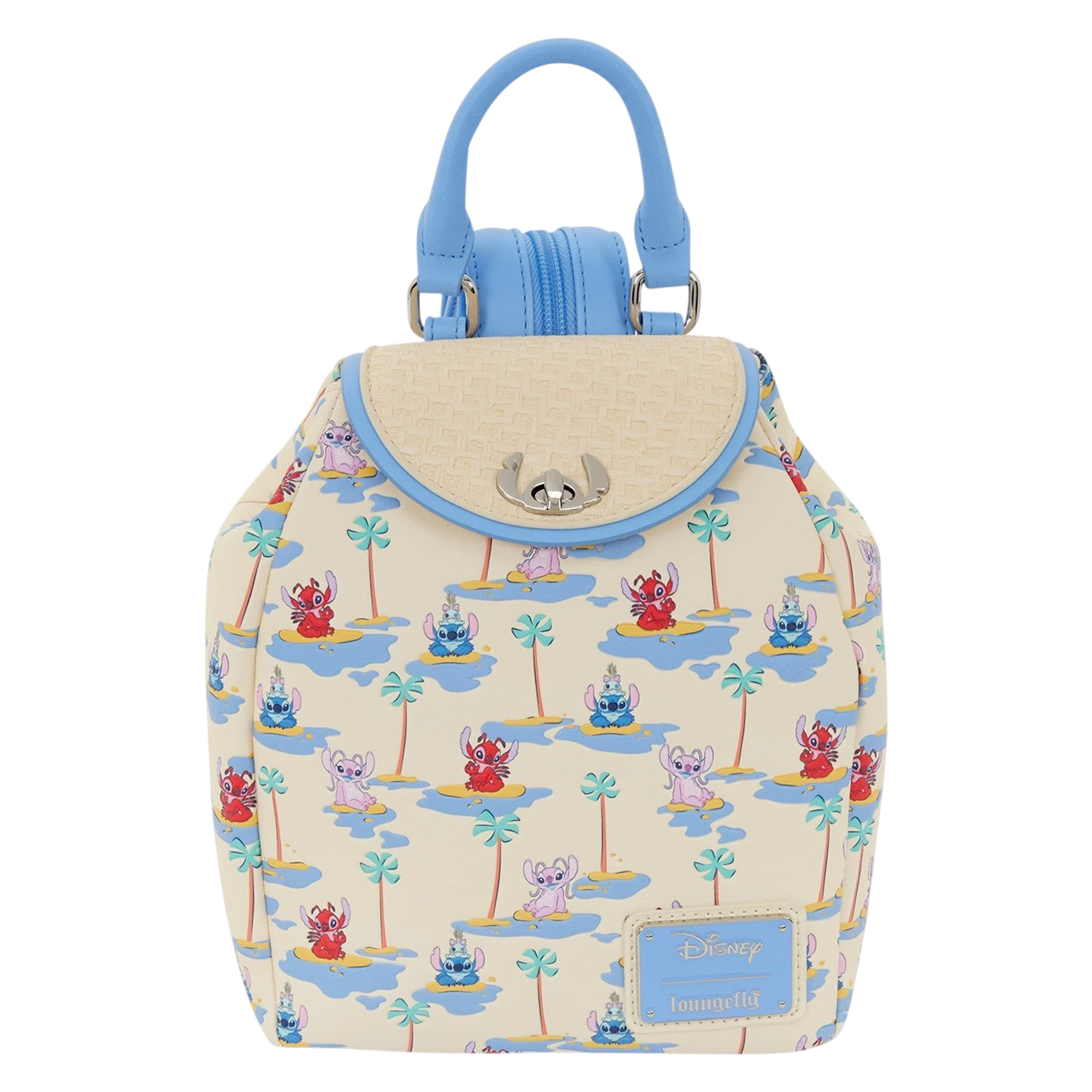 Cards & Comics Connection Disney Stitch micro mini backpack with basket weave texture, turn lock, and palm tree print.
