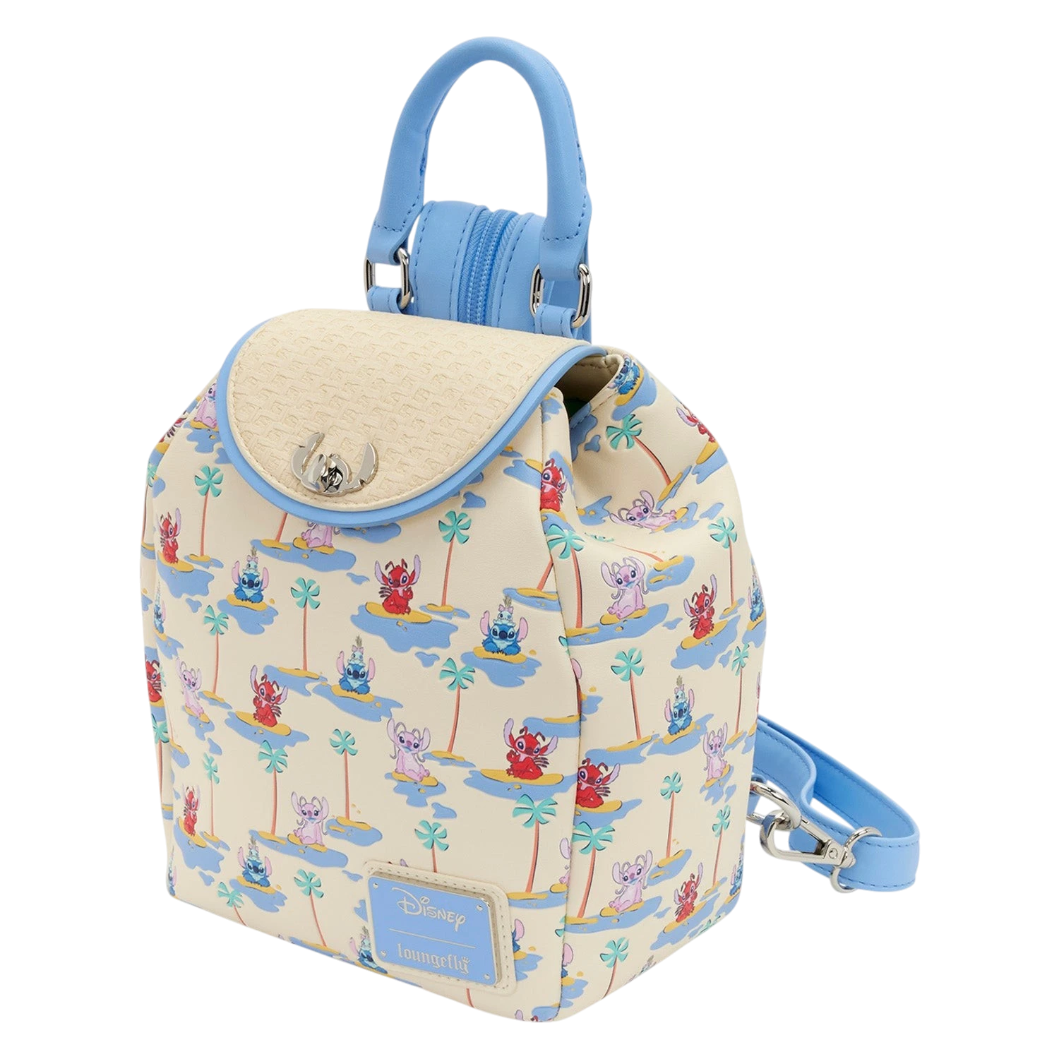 Cards & Comics Connection Disney Stitch micro mini backpack with basket weave texture, turn lock, and tropical print.