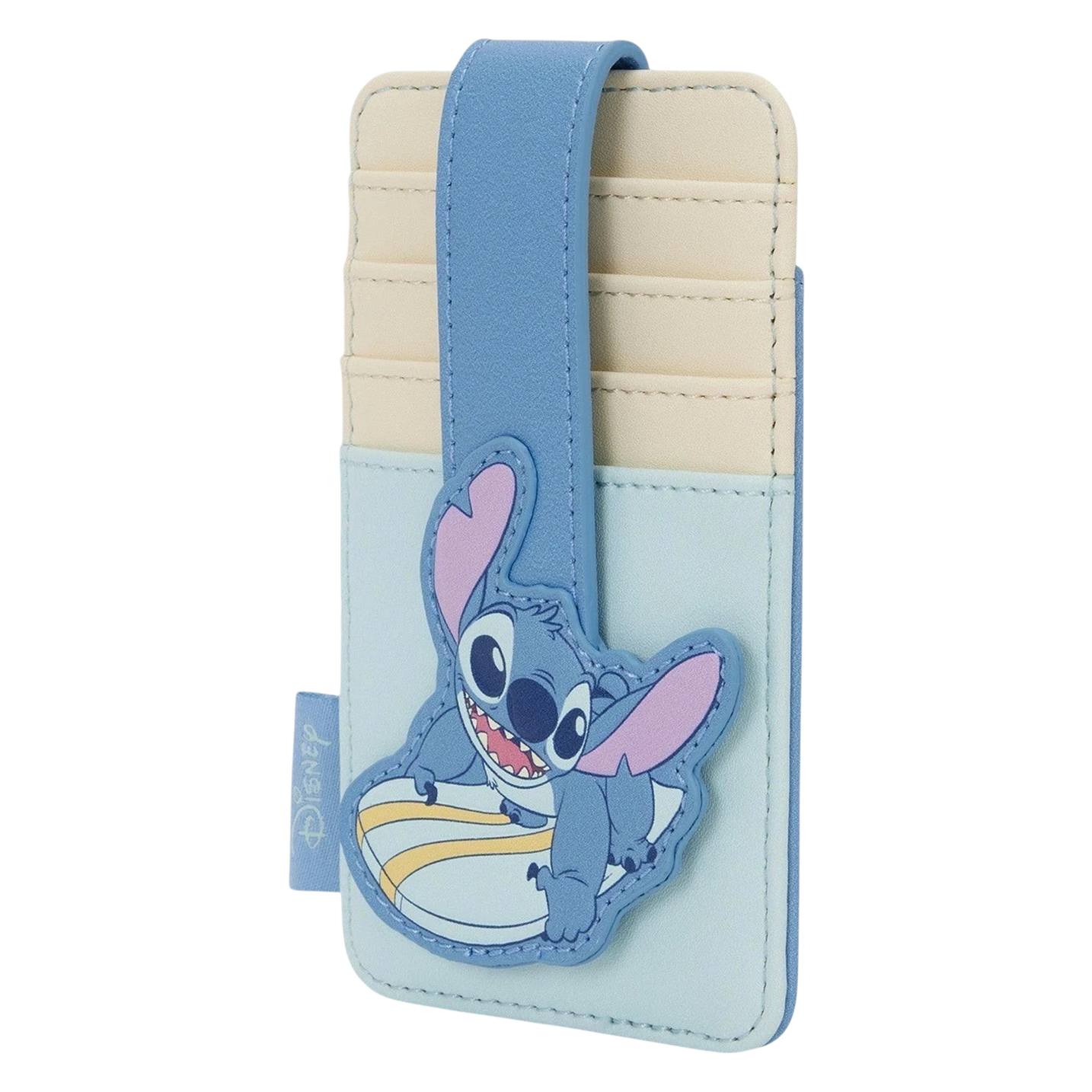 Cards & Comics Connection Disney Lilo and Stitch blue polyurethane card holder with surfboard applique strap