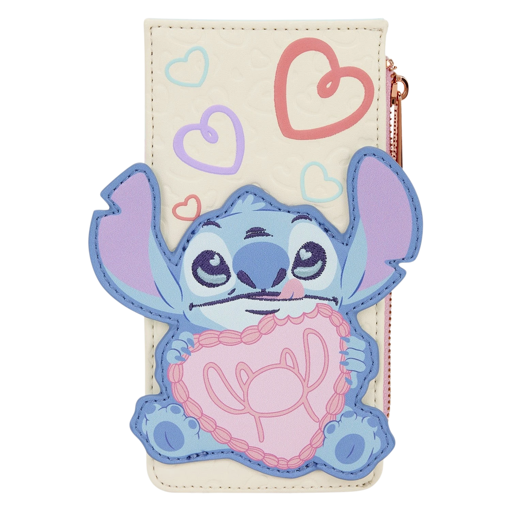 Cards & Comics Connection Stitch and Angel Valentine card holder with debossed hearts and applique details.