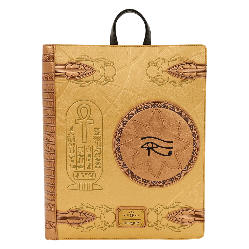 Cards & Comics Connection Loungefly The Mummy Book of the Living metallic gold backpack with debossed Egyptian symbols
