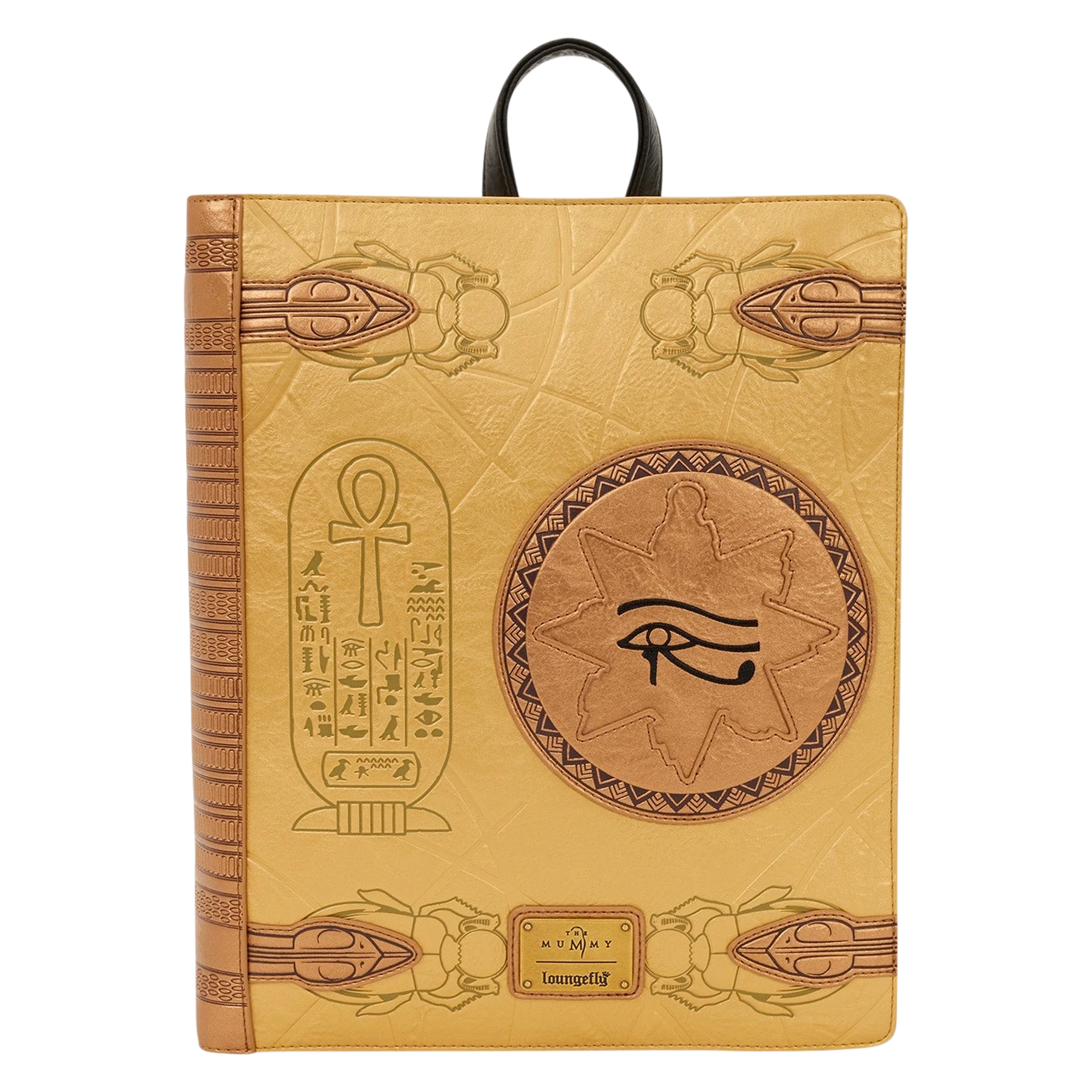 Cards & Comics Connection Loungefly The Mummy Book of the Living metallic gold backpack with debossed Egyptian symbols