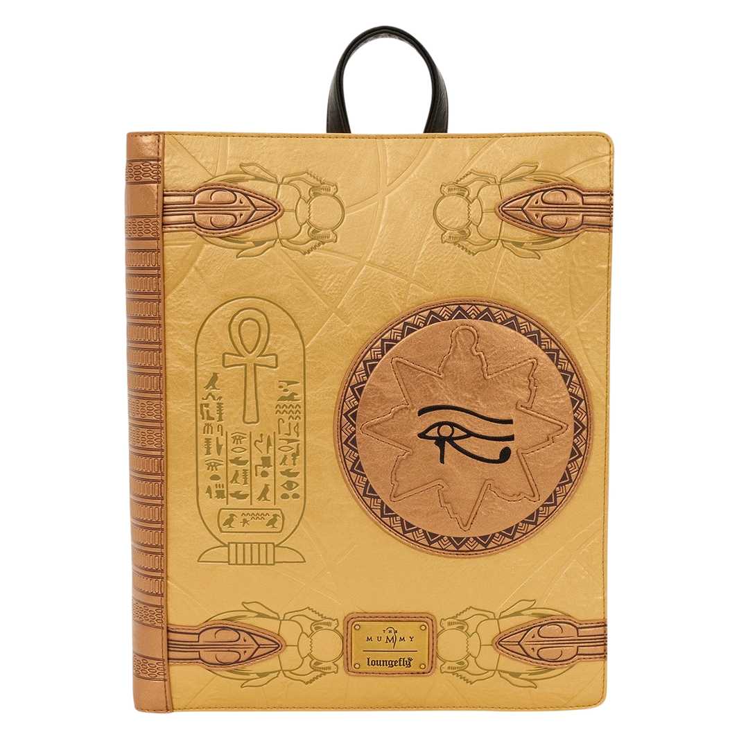 Cards & Comics Connection Loungefly The Mummy Book of the Living metallic gold backpack with debossed Egyptian symbols