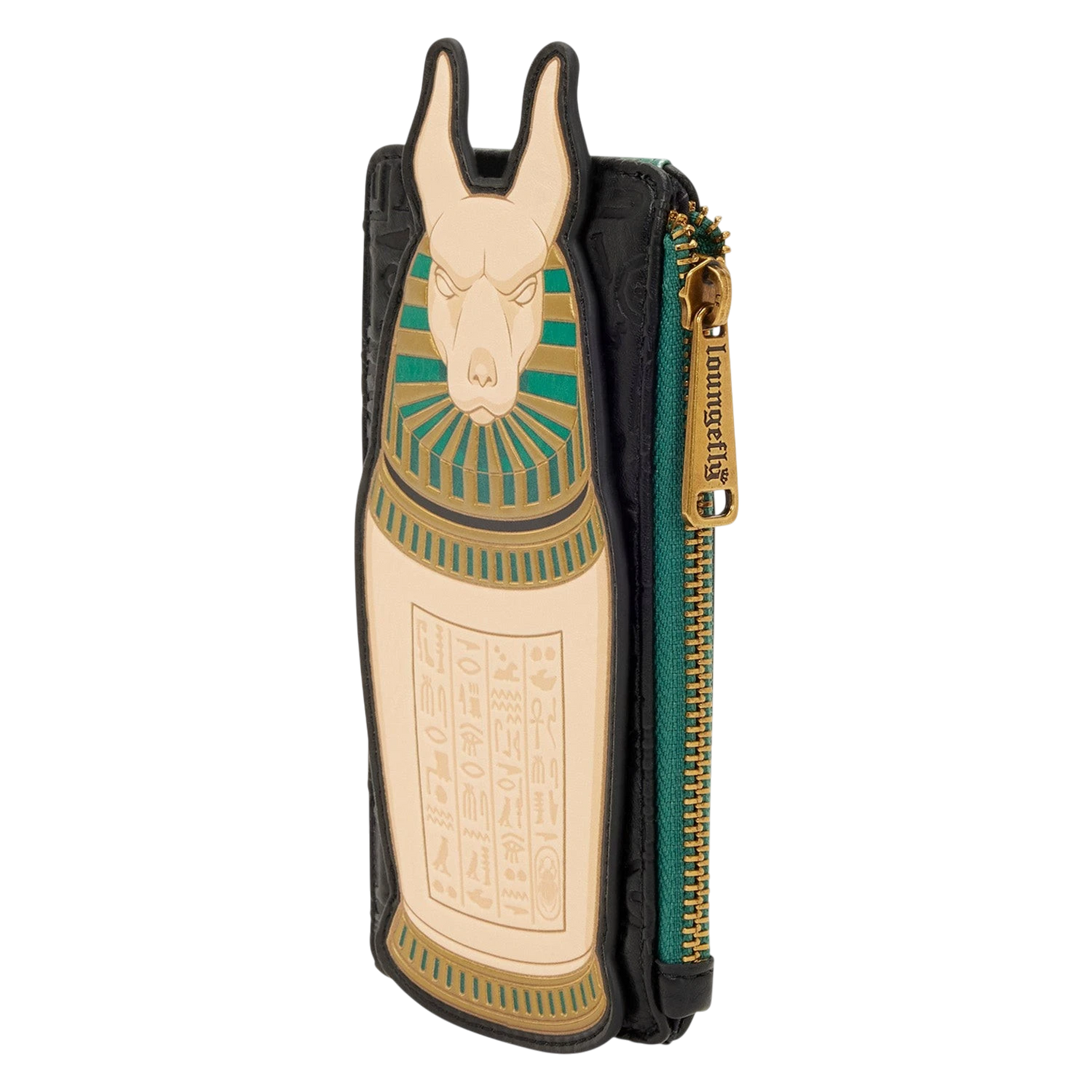 Cards & Comics Connection Loungefly The Mummy card holder with urn design, gold foil, and zippered compartment.