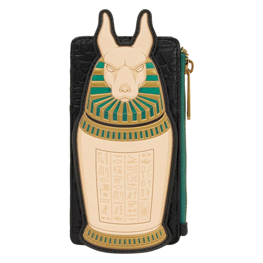 Cards & Comics Connection Loungefly The Mummy card holder with Anubis urn design, gold foil, and debossed details.