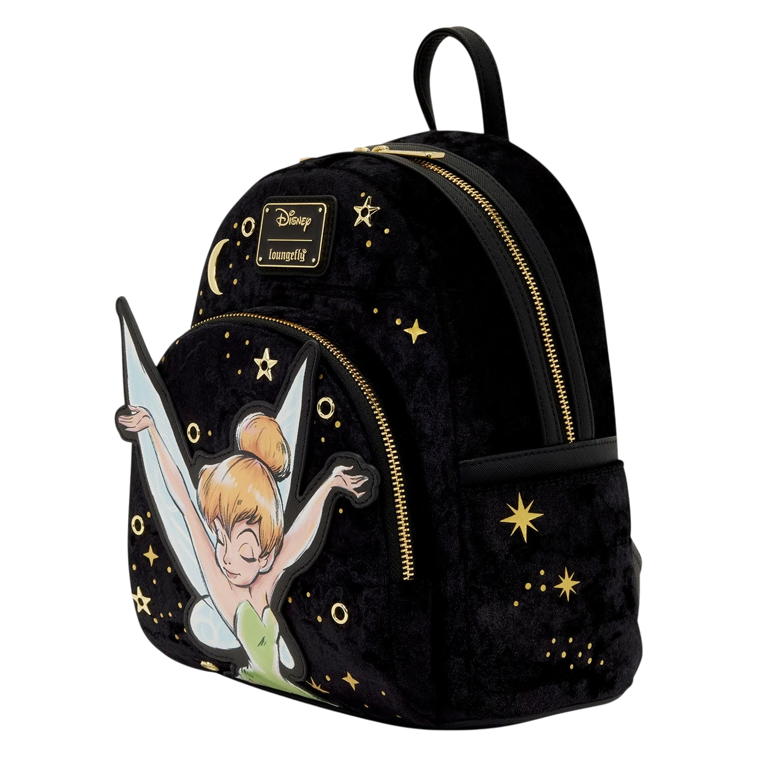 Cards & Comics Connection black crushed-velvet Disney Tinkerbell mini backpack with gold foil stars and applique