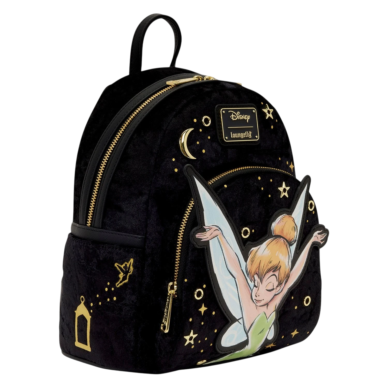 Cards & Comics Connection Disney Tinker Bell black crushed-velvet mini backpack with gold foil and applique details.