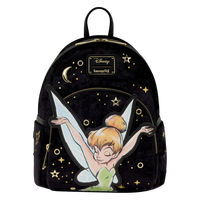 Cards & Comics Connection black crushed-velvet Disney Tinker Bell mini backpack with gold foil and applique details.