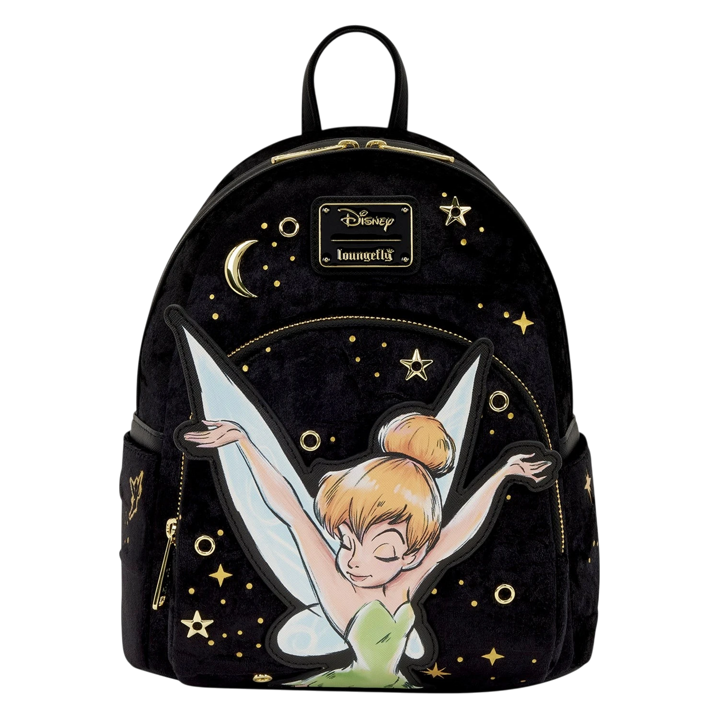 Cards & Comics Connection black crushed-velvet Disney Tinker Bell mini backpack with gold foil and applique details.