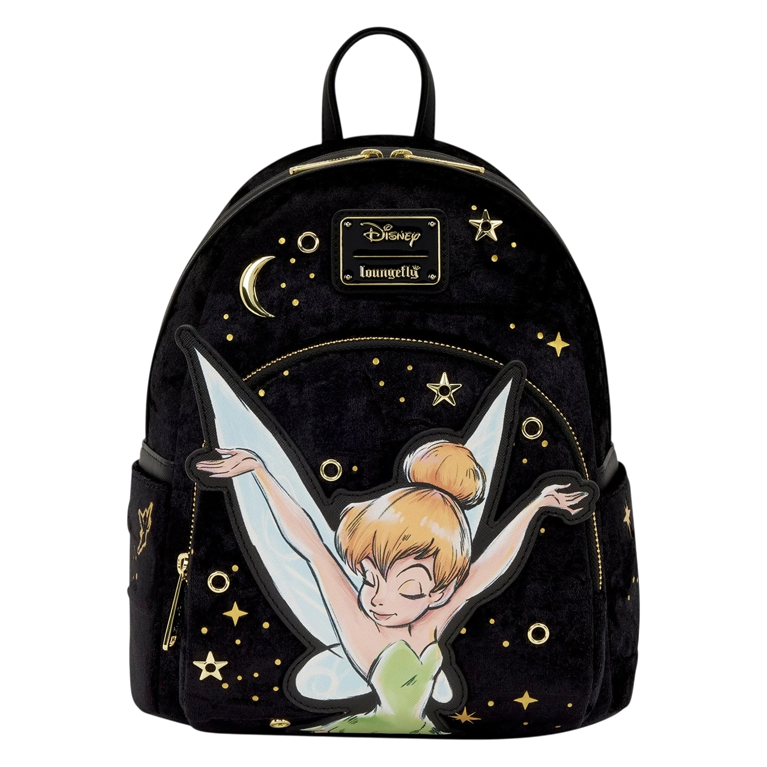 Cards & Comics Connection black crushed-velvet Disney Tinker Bell mini backpack with gold foil and applique details.