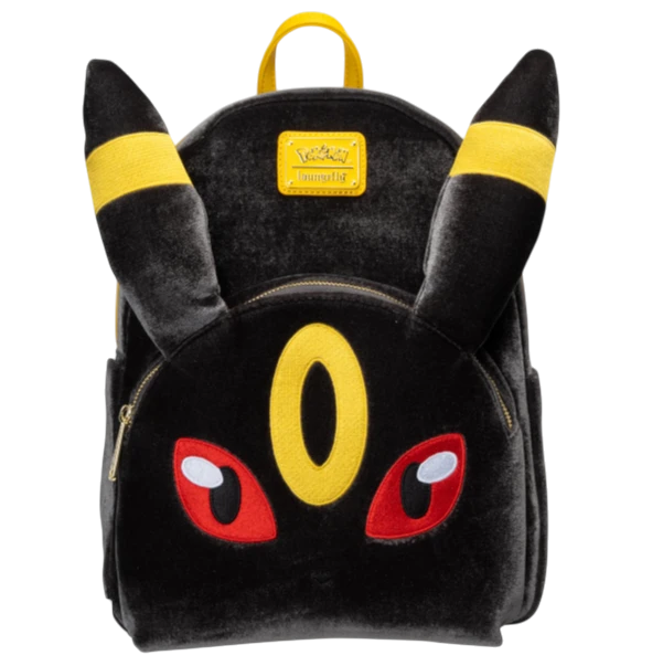 Cards & Comics Connection Loungefly Pokemon Umbreon black plush midsize backpack with yellow ears and red eye details.