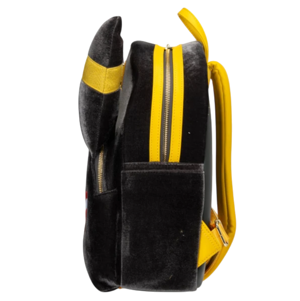 Cards & Comics Connection Loungefly Pokemon Umbreon midsize backpack in black and yellow plush fabric, side view.