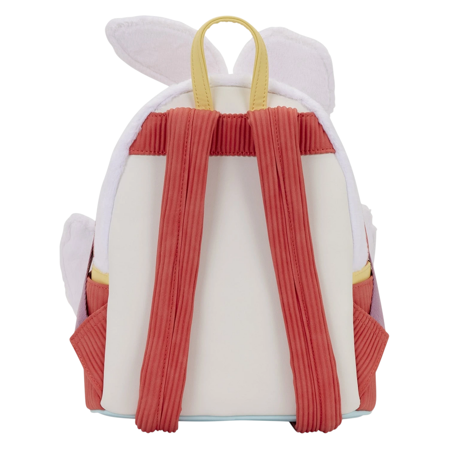 Back view of Cards & Comics Connection Disney White Rabbit mini backpack with red pleated straps and white plush ears