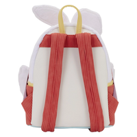 Back view of Cards & Comics Connection Disney White Rabbit mini backpack with red pleated straps and white plush ears