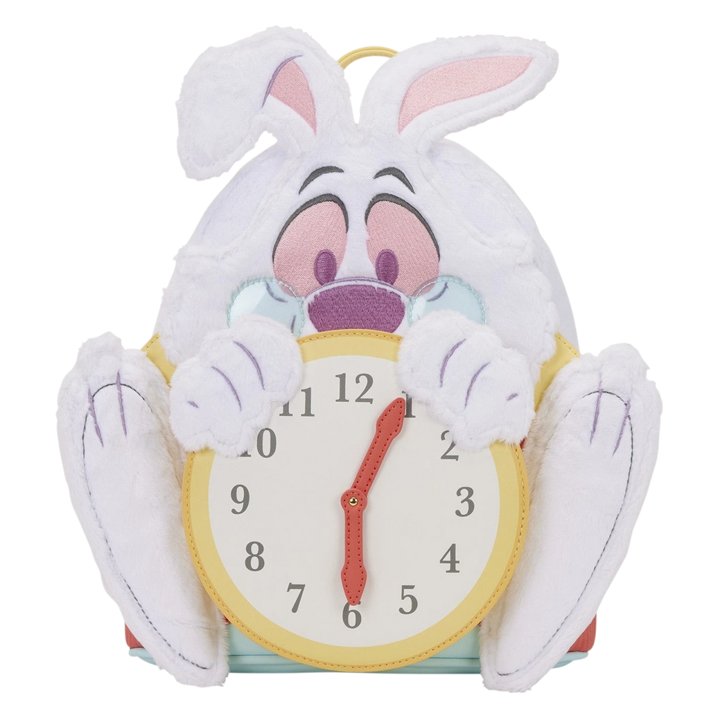 Cards & Comics Connection Disney White Rabbit mini backpack with faux fur, embroidered details, and spinning clock face