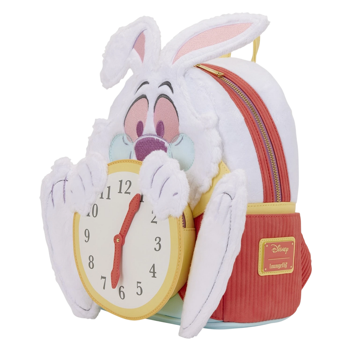 Cards & Comics Connection Disney White Rabbit mini backpack with faux fur, plush details, and a spinning clock face.