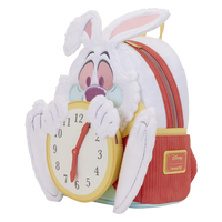 Cards & Comics Connection Disney White Rabbit mini backpack with faux fur, plush details, and a spinning clock face.