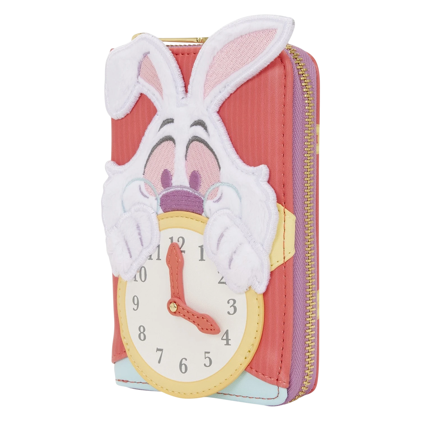 Cards & Comics Connection Disney White Rabbit zip around wallet featuring plush faux fur, embroidery, and clock detail.