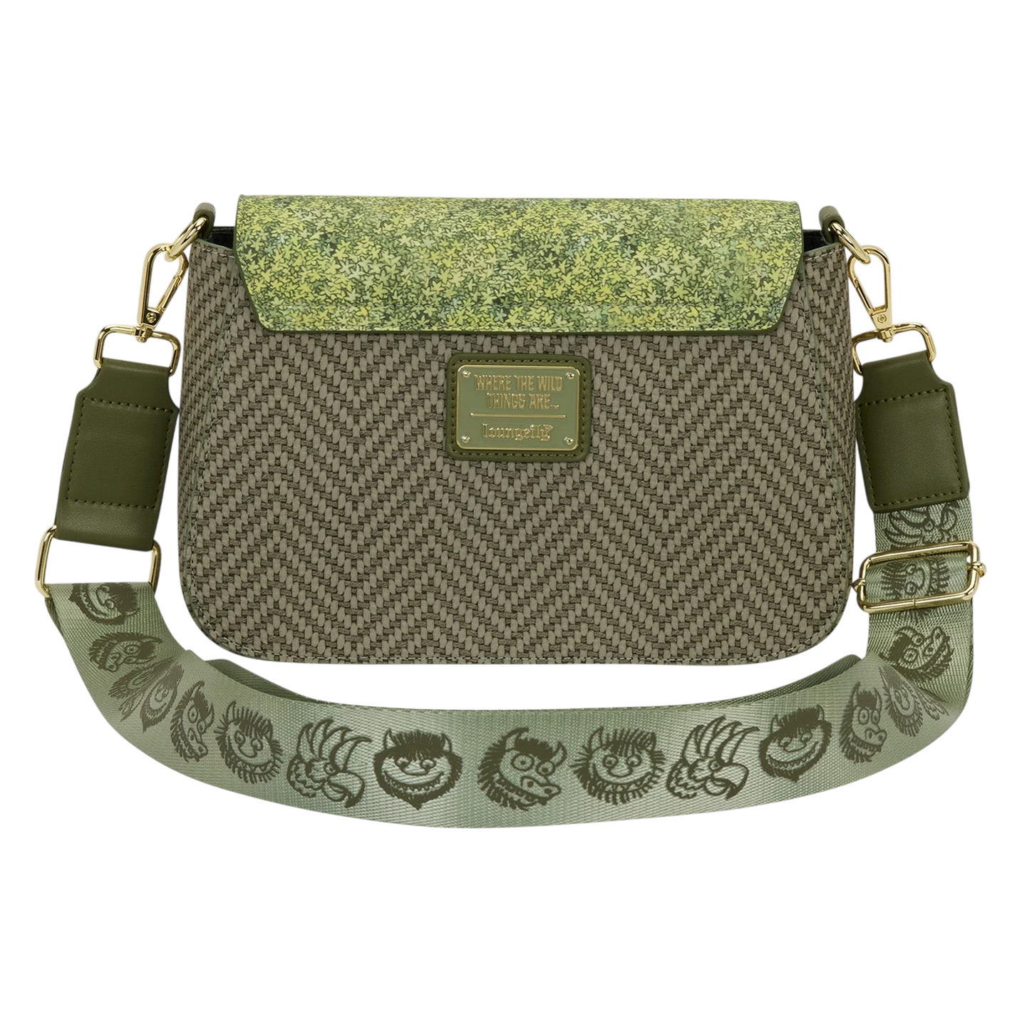 Cards & Comics Connection Where the Wild Things Are crossbody bag with textured olive faux leather and printed strap.