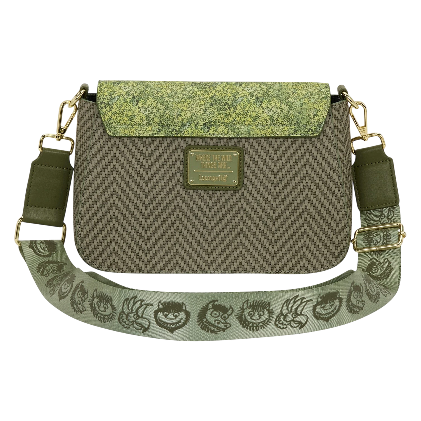 Cards & Comics Connection Where the Wild Things Are crossbody bag with textured olive faux leather and printed strap.