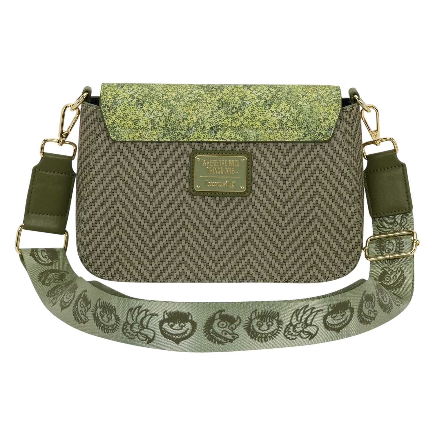 Cards & Comics Connection Where the Wild Things Are crossbody bag with textured olive faux leather and printed strap.