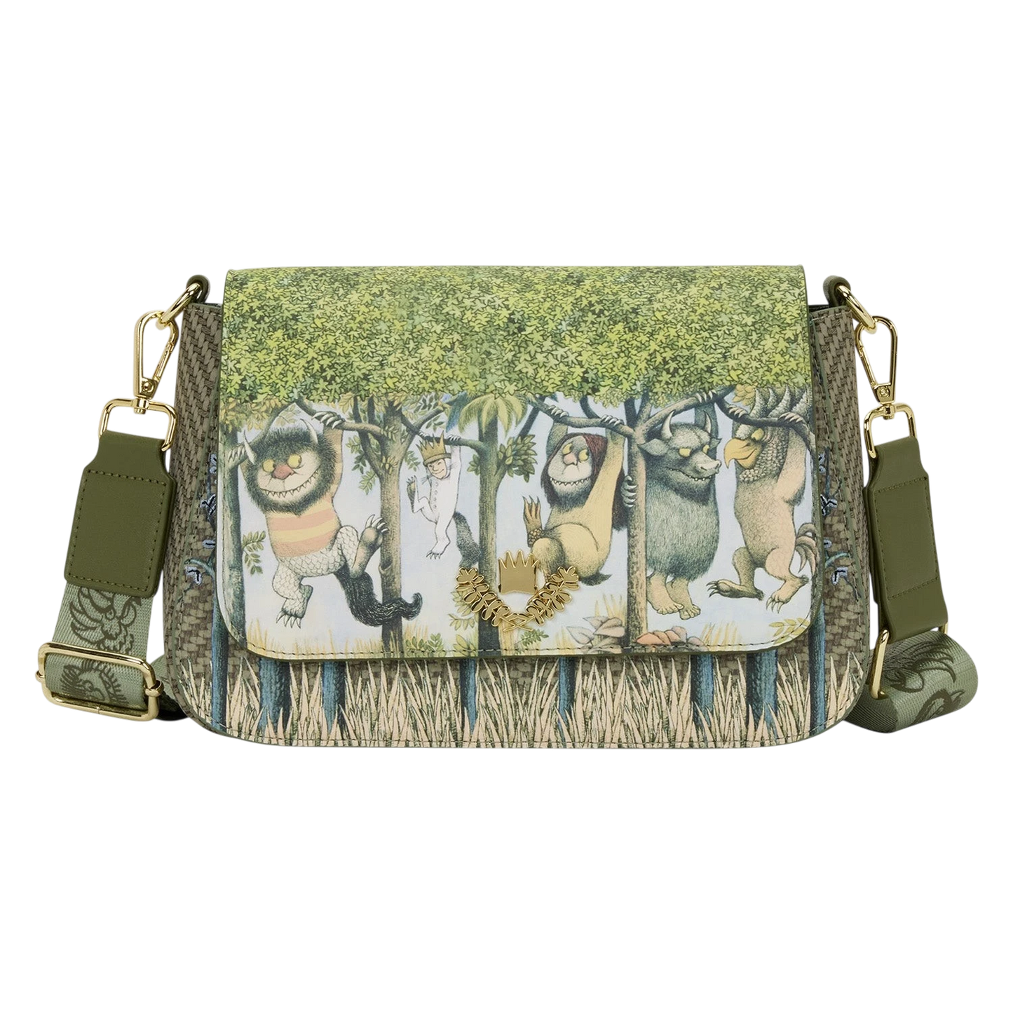 Cards & Comics Connection Where the Wild Things Are faux leather crossbody bag with Max and monster character print.