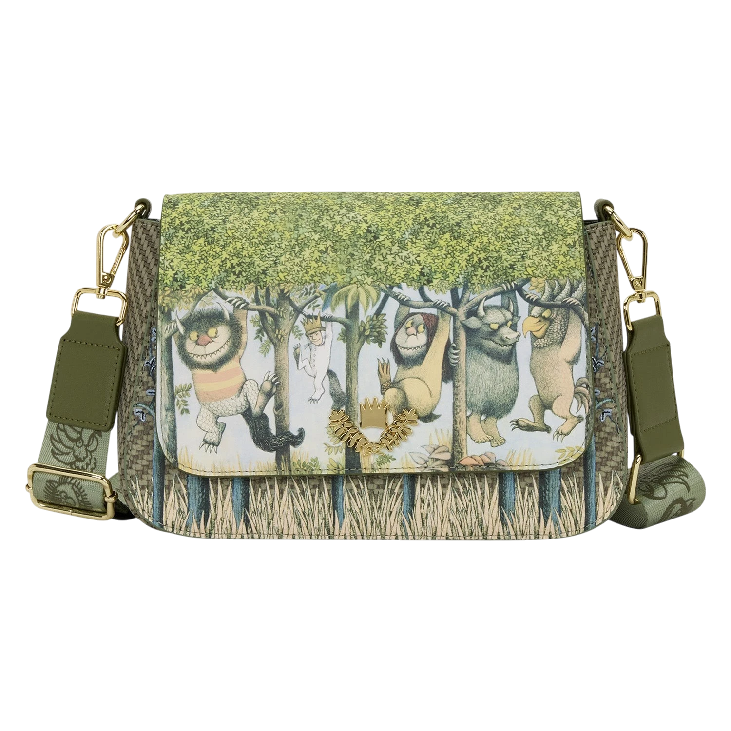 Cards & Comics Connection Where the Wild Things Are faux leather crossbody bag with Max and monster character print.