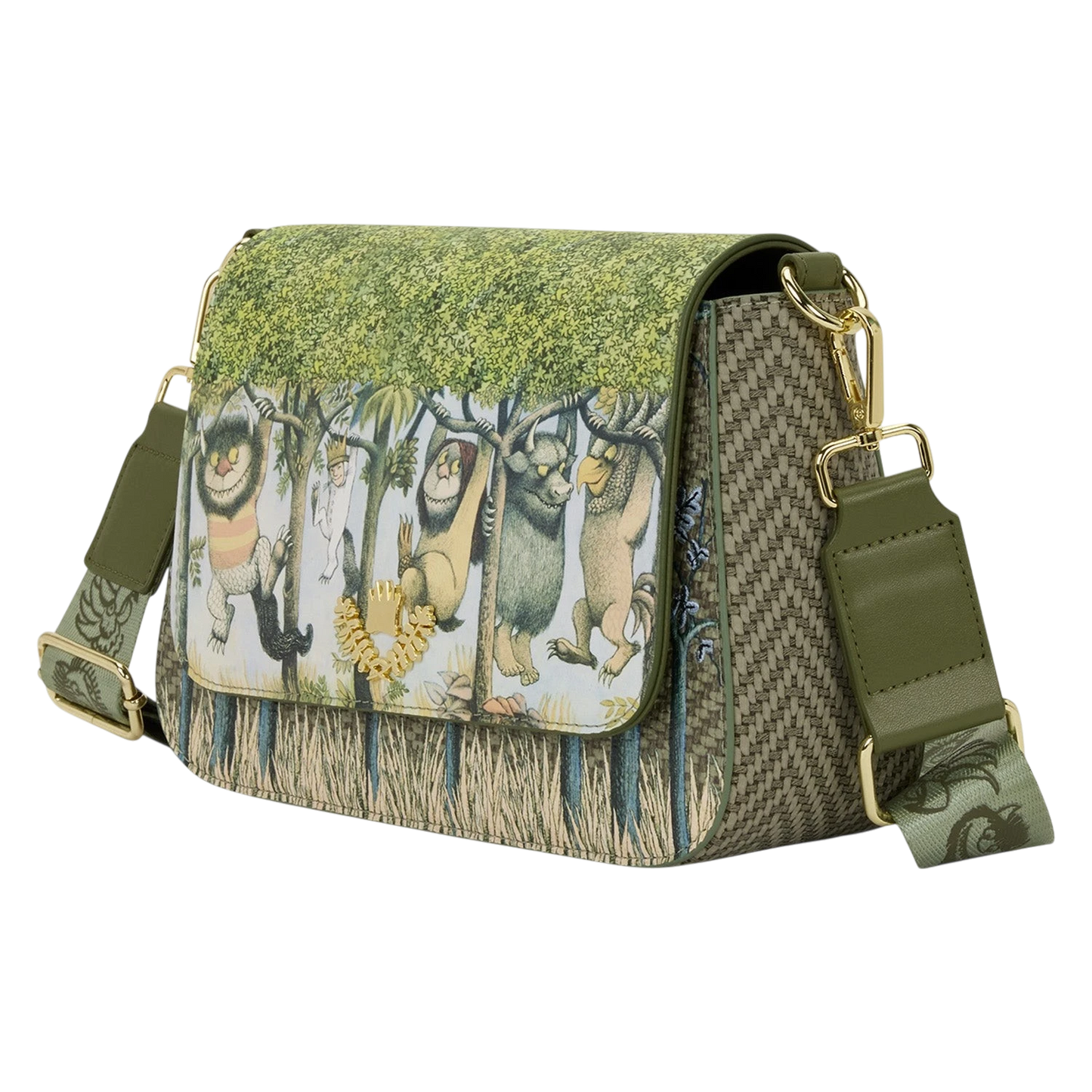 Cards & Comics Connection Where the Wild Things Are crossbody bag featuring Max and monsters on a green faux leather