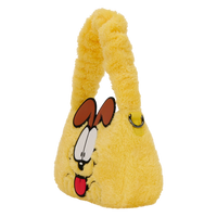 Cards & Comics Connection yellow plush Odie crossbody bag with 3D ears, scrunchie handle, and embroidered details.